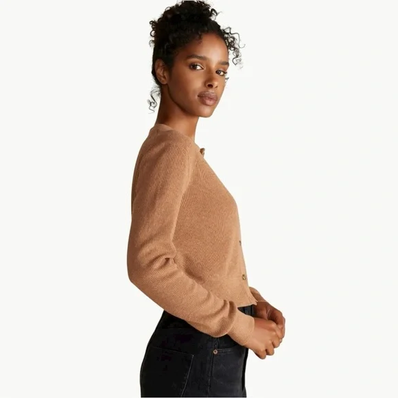 NWT Amour Vert Lily Rib-Knit Cropped Cardigan Sweater | Sz Medium | Camel Tan - Picture 4 of 13